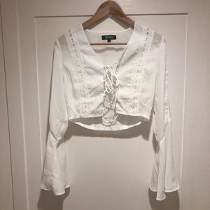 White long sleeve tie front shirt